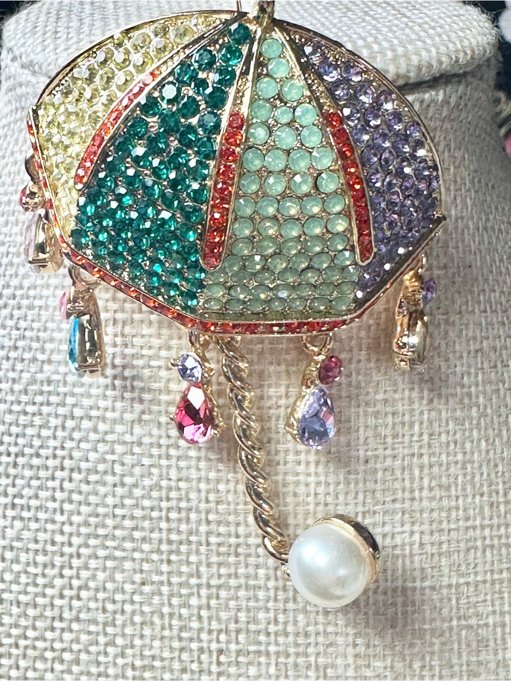 2.75” Gold-Tone Multicolor Crystal Umbrella Brooch with Pearl Drop
